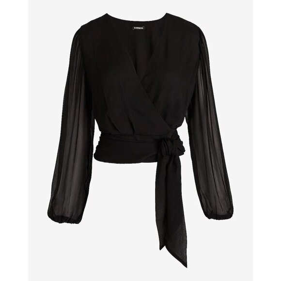 Express Women's Tie Waist Top Size XS Black V-Neck Faux Wrap Sheer Sleeve NWT$54 - Picture 4 of 16